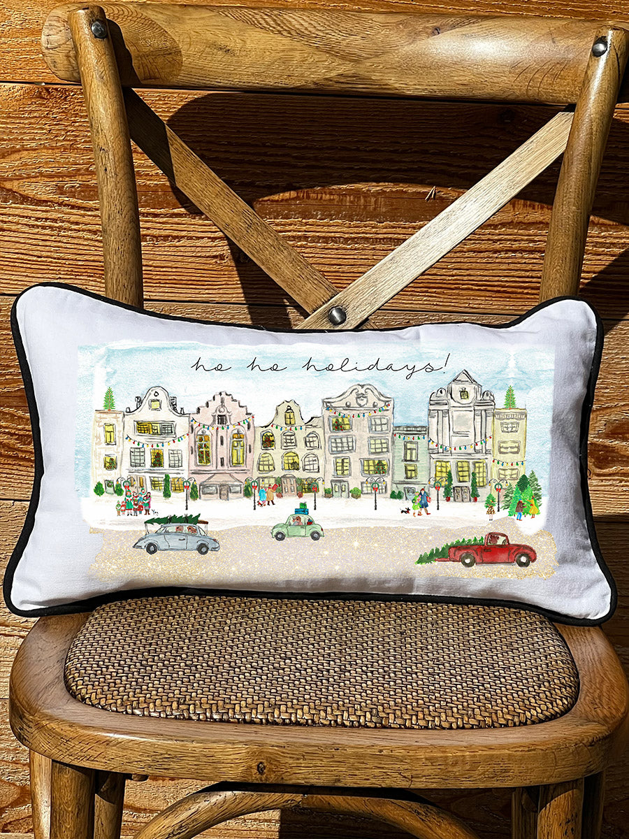 Holiday Cityscape Lumbar Pillow with Piping