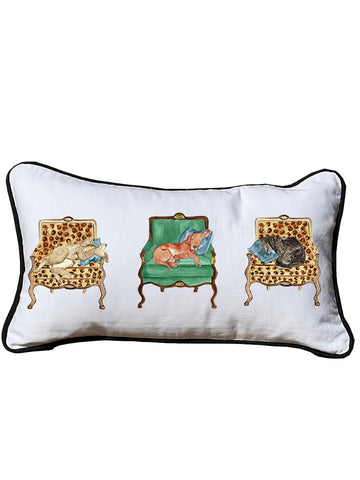 Dogs On Chairs Lumbar White Pillow with Piping