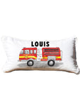 First Responder Firetruck Personalized Lumbar White Pillow with Black Piping