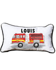 First Responder Firetruck Personalized Lumbar White Pillow with Black Piping