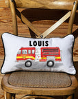 First Responder Firetruck Personalized Lumbar White Pillow with Black Piping