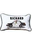First Responder Police Car Personalized Lumbar White Pillow with Black Piping