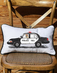 First Responder Police Car Personalized Lumbar White Pillow with Black Piping