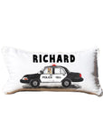 First Responder Police Car Personalized Lumbar White Pillow with Black Piping