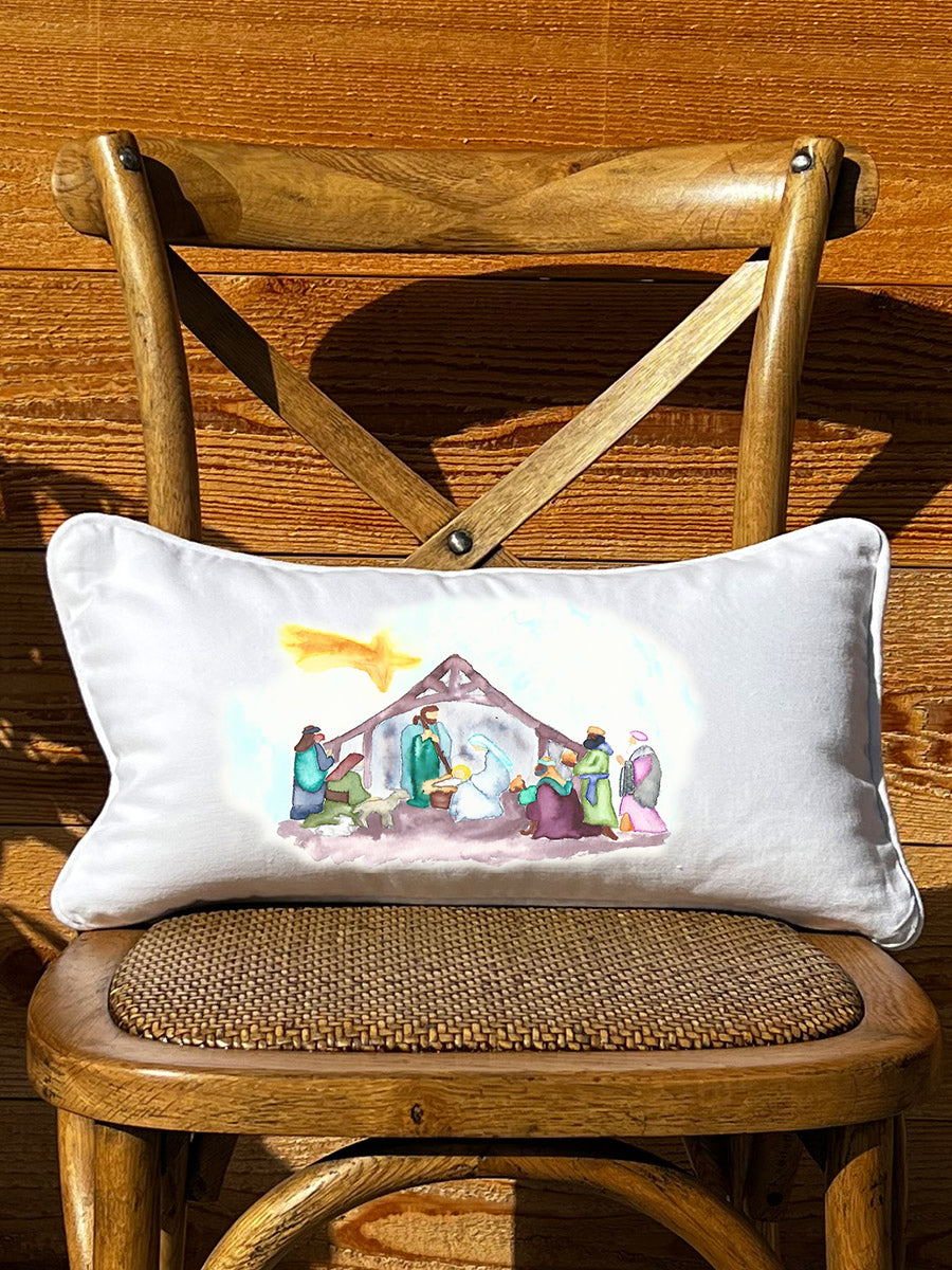 Original Watercolor Nativity White Lumbar Pillow with Piping