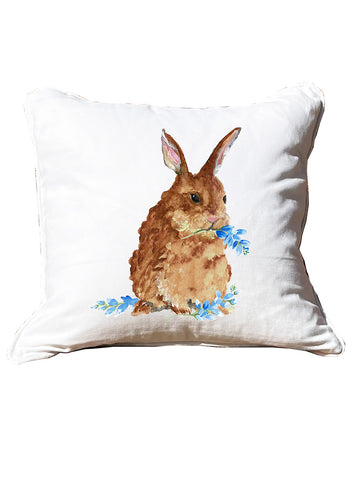 Bunny and Bluebonnets White Square Pillow with Piping