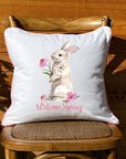 Bunny Pink Coneflowers White Square Pillow with Piping