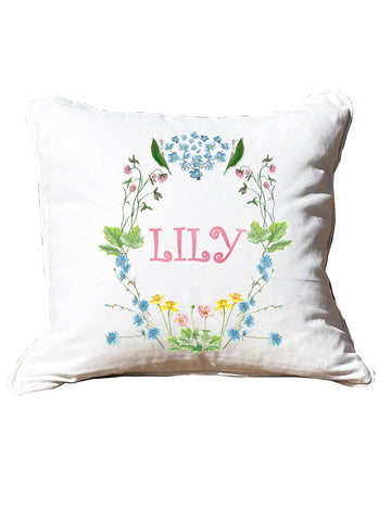 Personalized Name Crest Girl White Square Pillow with Piping
