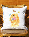 Doodle Dog with Butterflies White Square Pillow with Piping