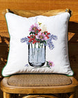 Mason Jar with Flowers and Bee White Square Pillow with Piping