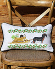Dachshund Sled & Holly White Lumbar Pillow with Piping