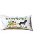 Dachshund Sled & Holly White Lumbar Pillow with Piping