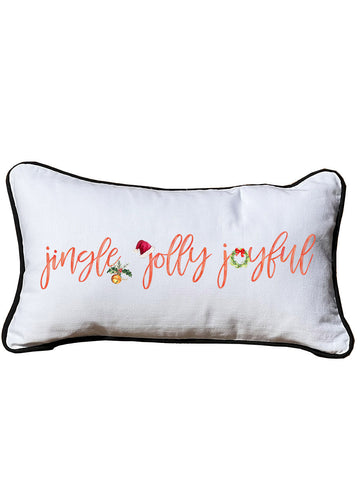 Jingle Jolly Joyful White Lumbar Pillow with Piping