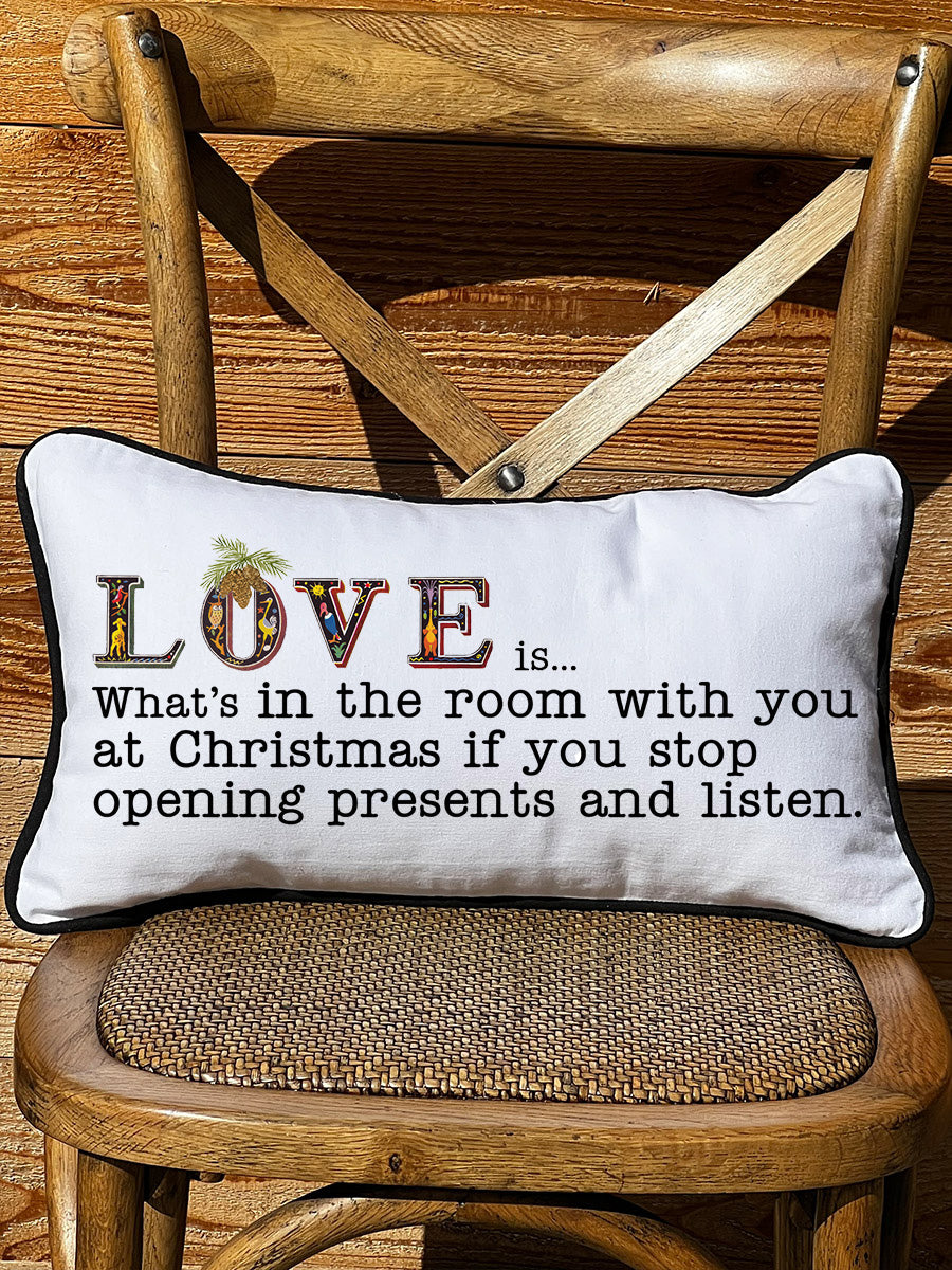 Love is Christmas White Lumbar Pillow with Piping