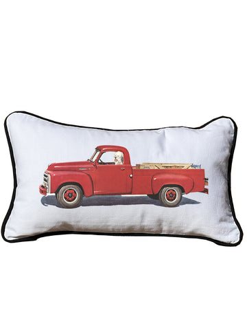 Red truck White Lumbar Pillow with Piping