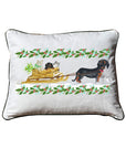 Dachshund Sled & Holly White Rectangular Pillow with Piping