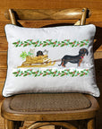 Dachshund Sled & Holly White Rectangular Pillow with Piping
