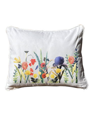 Ralph Mobery Floral White Rectangular Pillow with Piping