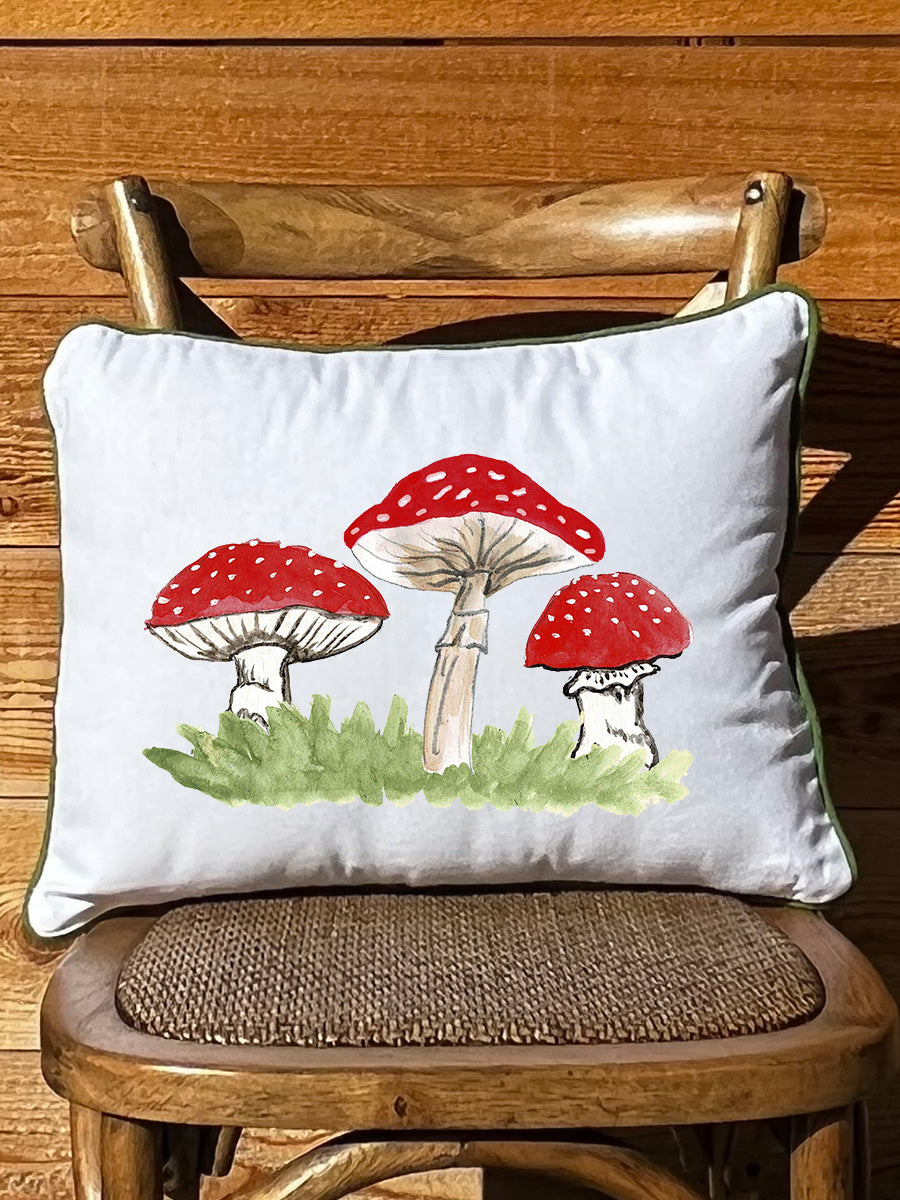 Red Mushroom Trio White Rectangular Pillow with Piping