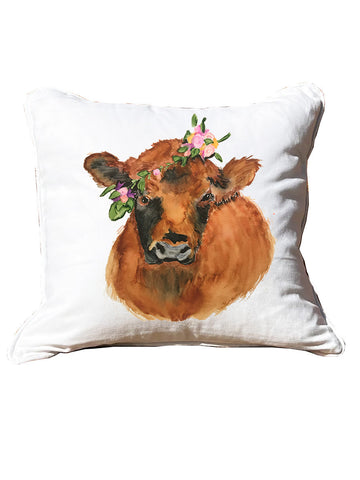 Cow With Flower Crown White Square Pillow with Piping