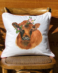 Cow With Flower Crown White Square Pillow with Piping