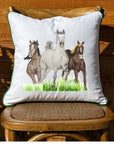 Galloping Horse Trio White Square Pillow with Piping