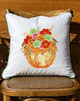 Pumpkin Floral White Square Pillow with Piping