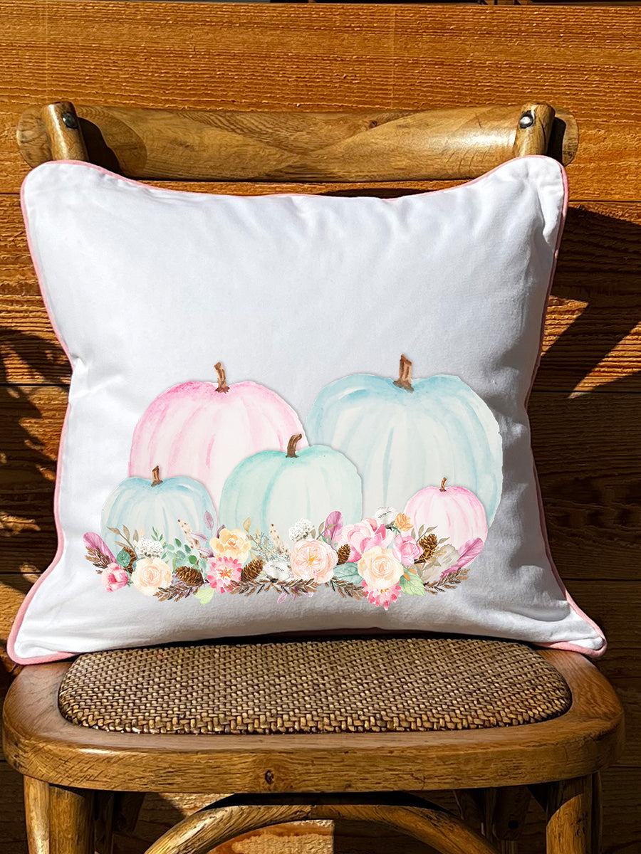 Pastel Pumpkins White Square Pillow with Piping