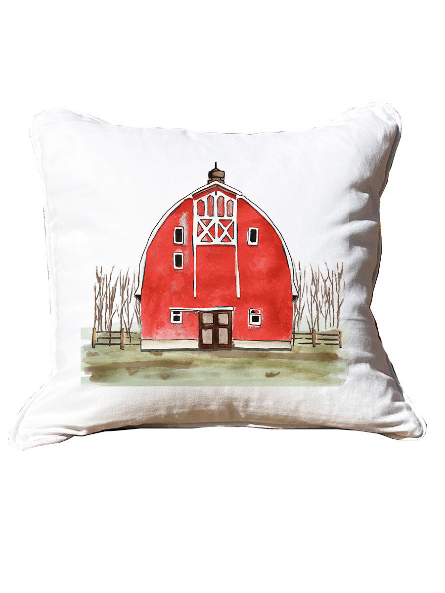 Red Barn White Square Pillow with Piping