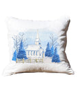 Snowy Blue Church White Square Pillow with Piping