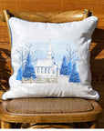 Snowy Blue Church White Square Pillow with Piping