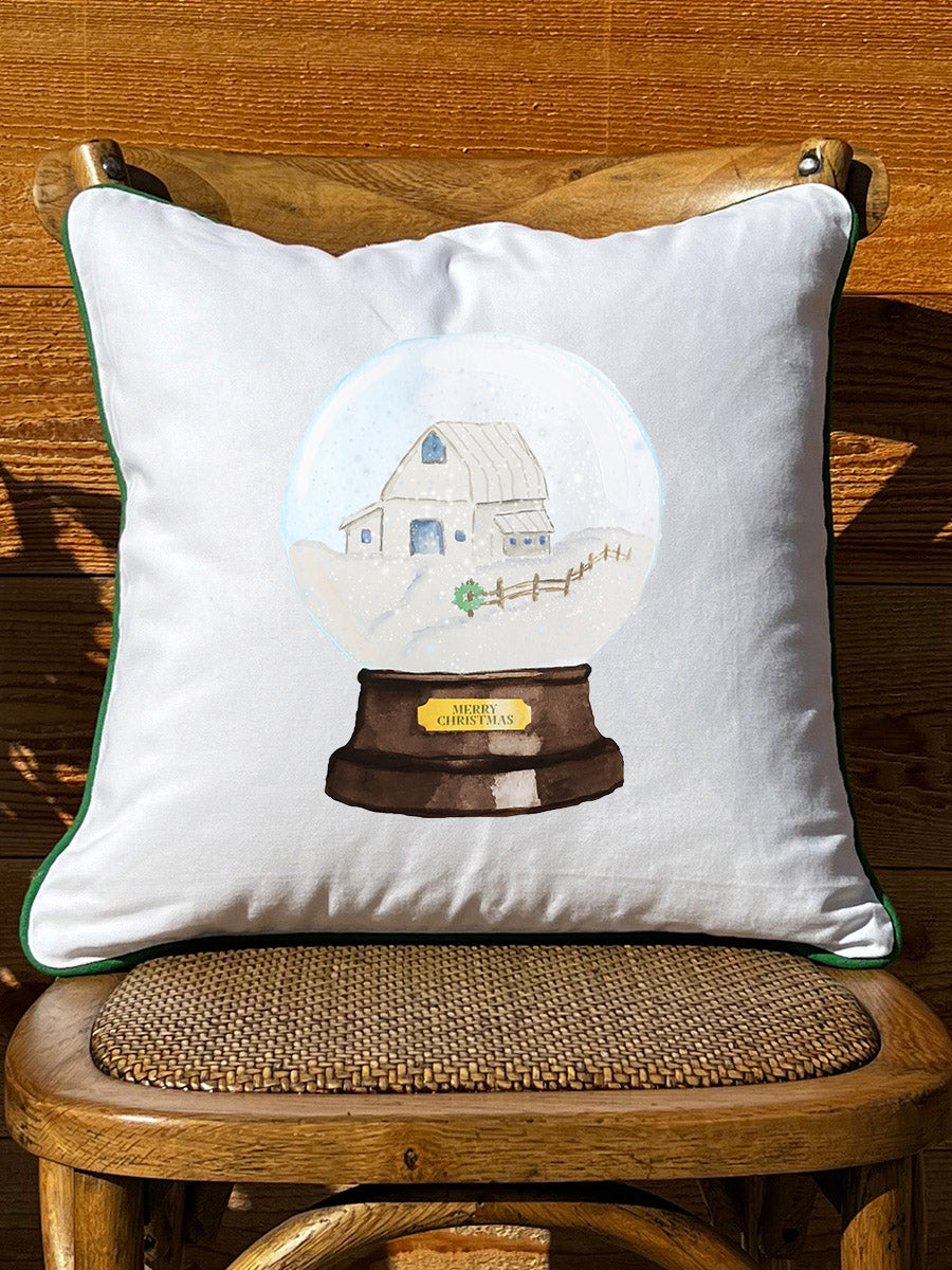 Snow globe barn White Square Pillow with Piping