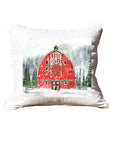 Snowy Red Barn White Square Pillow with Piping
