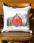 Snowy Red Barn White Square Pillow with Piping