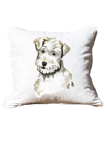 Terrier White Square Pillow With Piping