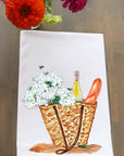 Wicker Tote With Wine & Bread Kitchen Towel