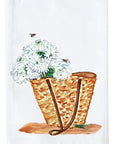 Wicker Tote With White Hydrangeas Kitchen Towel