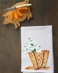 Wicker Tote With White Hydrangeas Kitchen Towel