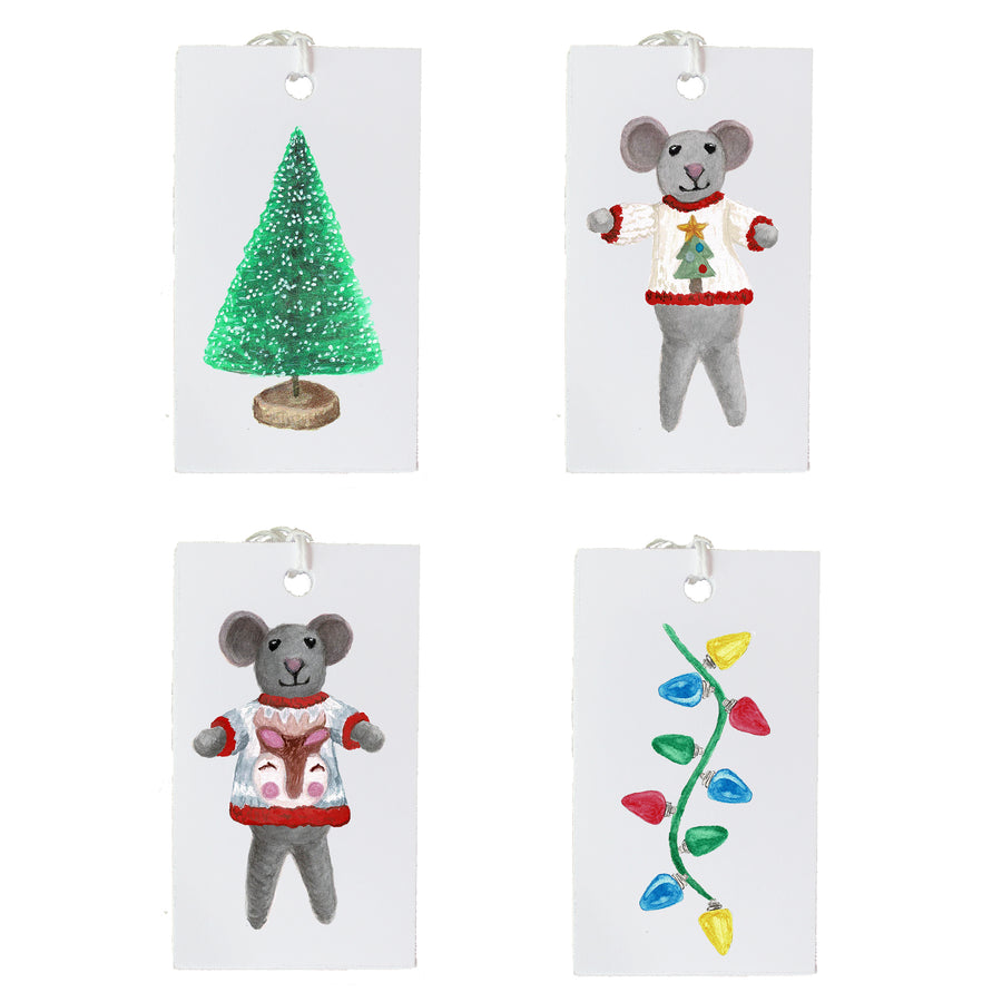 Set of 4 Mice in Sweaters Gift Tags Matching Original Art Wrapping Paper