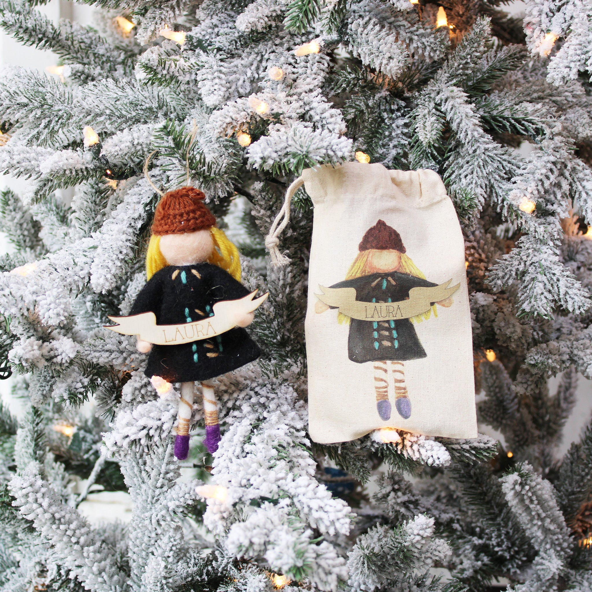 Girl Felted Wood Ornament Personalized