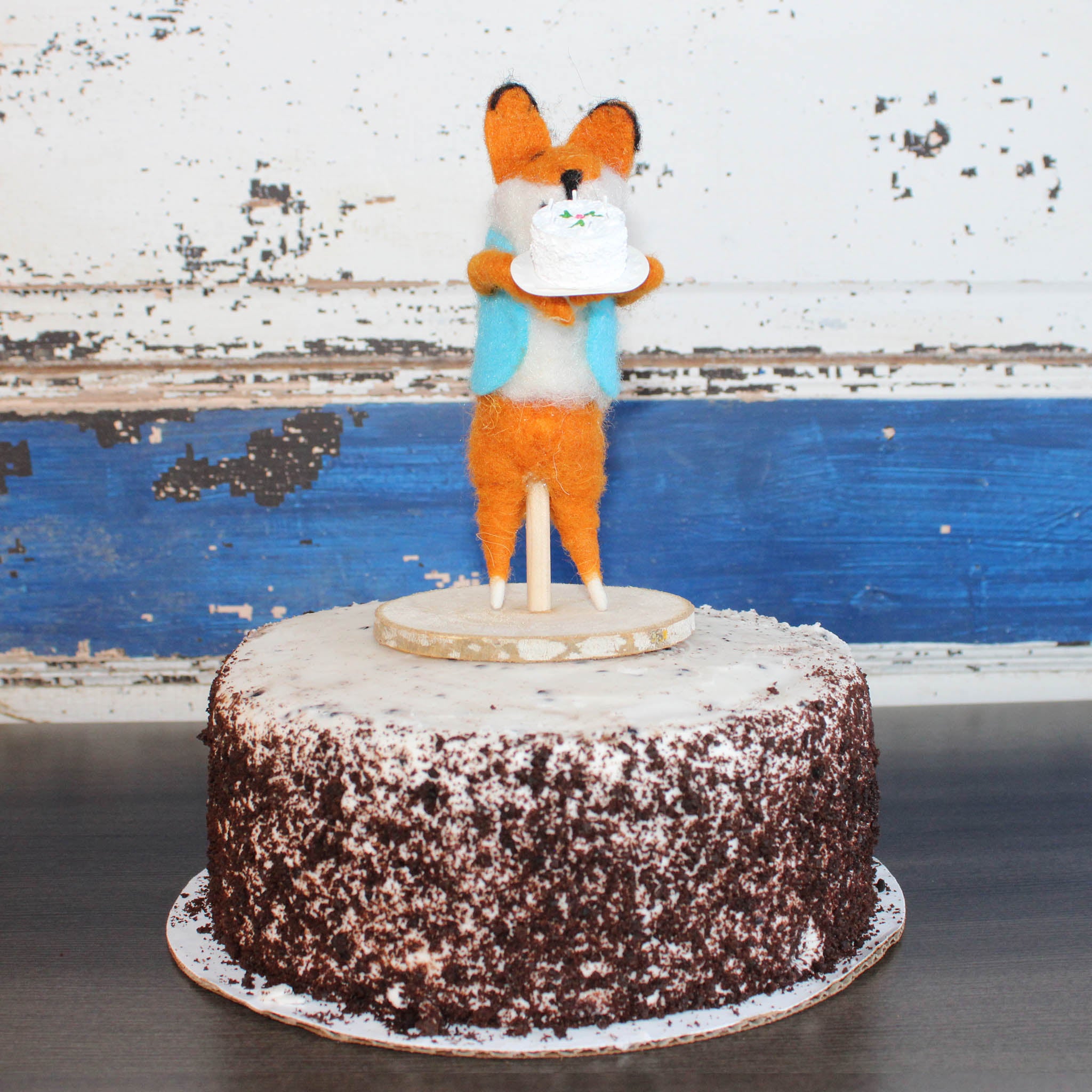 LIMITED QUANTITY Felted Wool Fox in a Blue Vest Happy Birthday Cake Topper