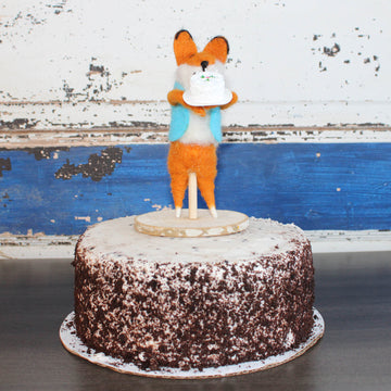 LIMITED QUANTITY Felted Wool Fox in a Blue Vest Happy Birthday Cake Topper