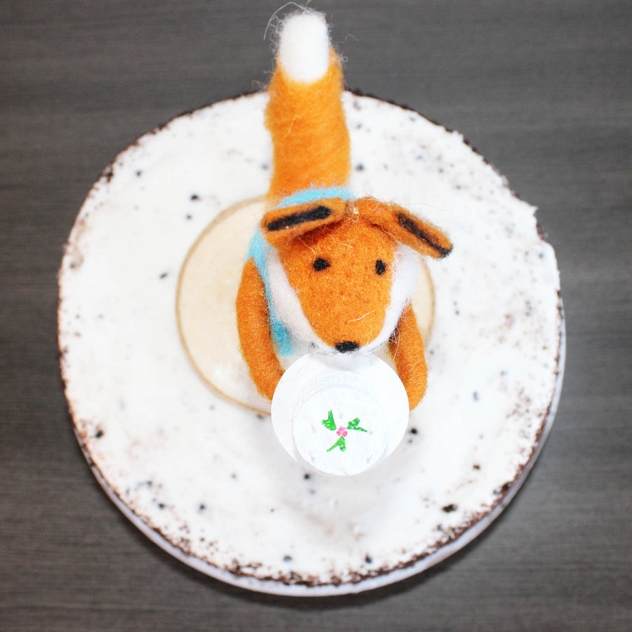 LIMITED QUANTITY Felted Wool Fox in a Blue Vest Happy Birthday Cake Topper