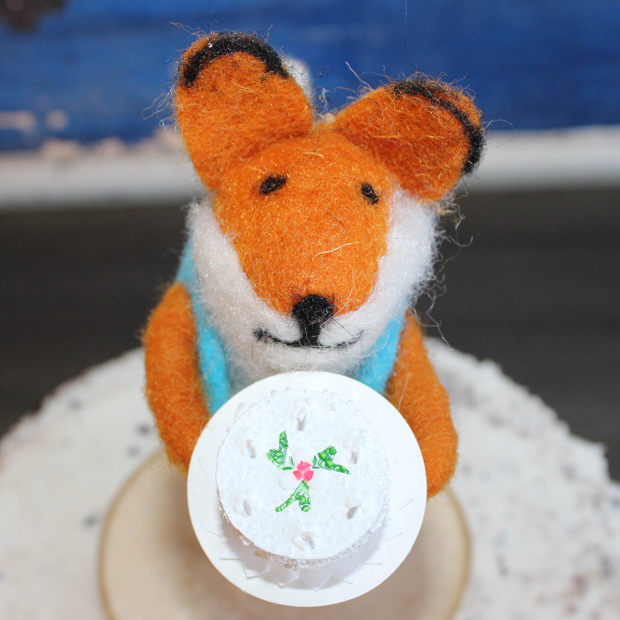 LIMITED QUANTITY Felted Wool Fox in a Blue Vest Happy Birthday Cake Topper