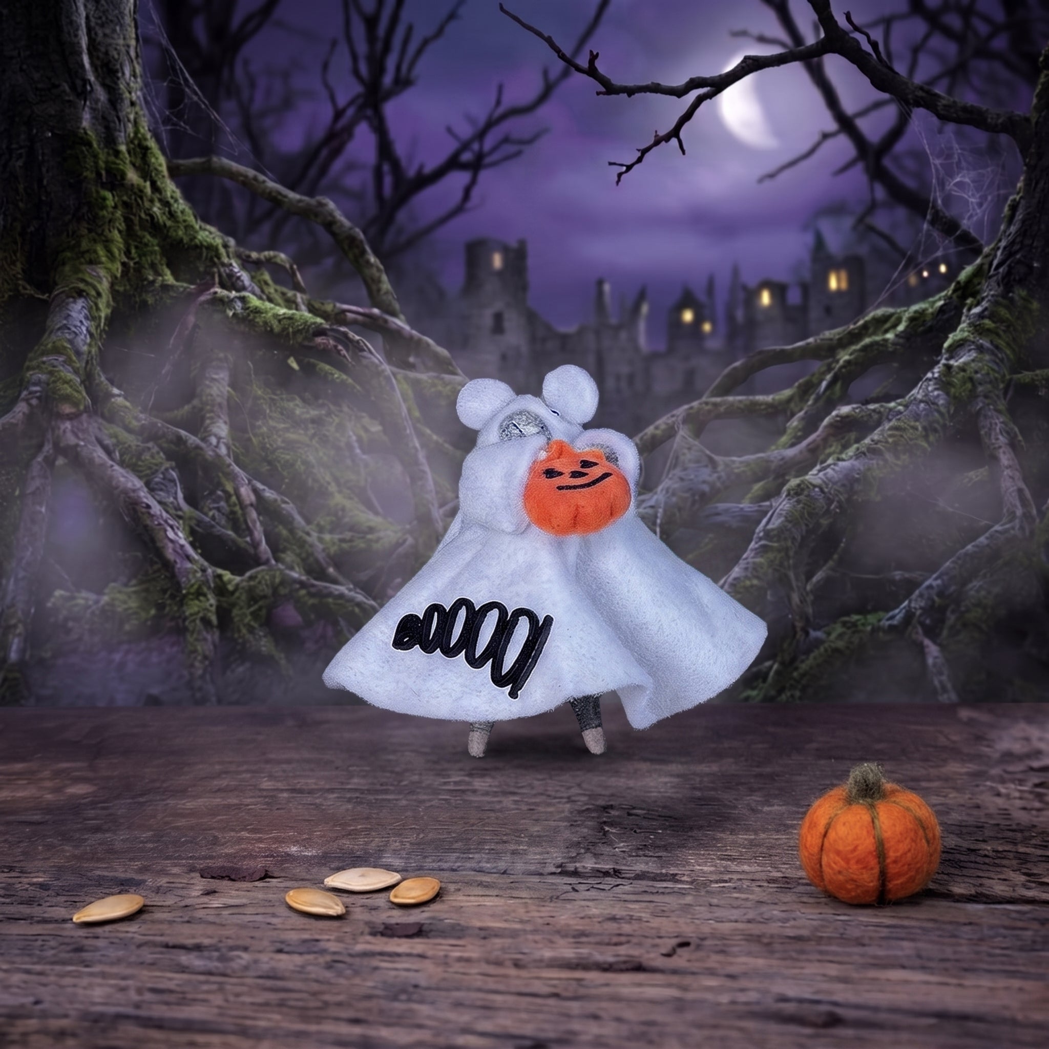 Trick or Treating Mouse in Ghost Costume