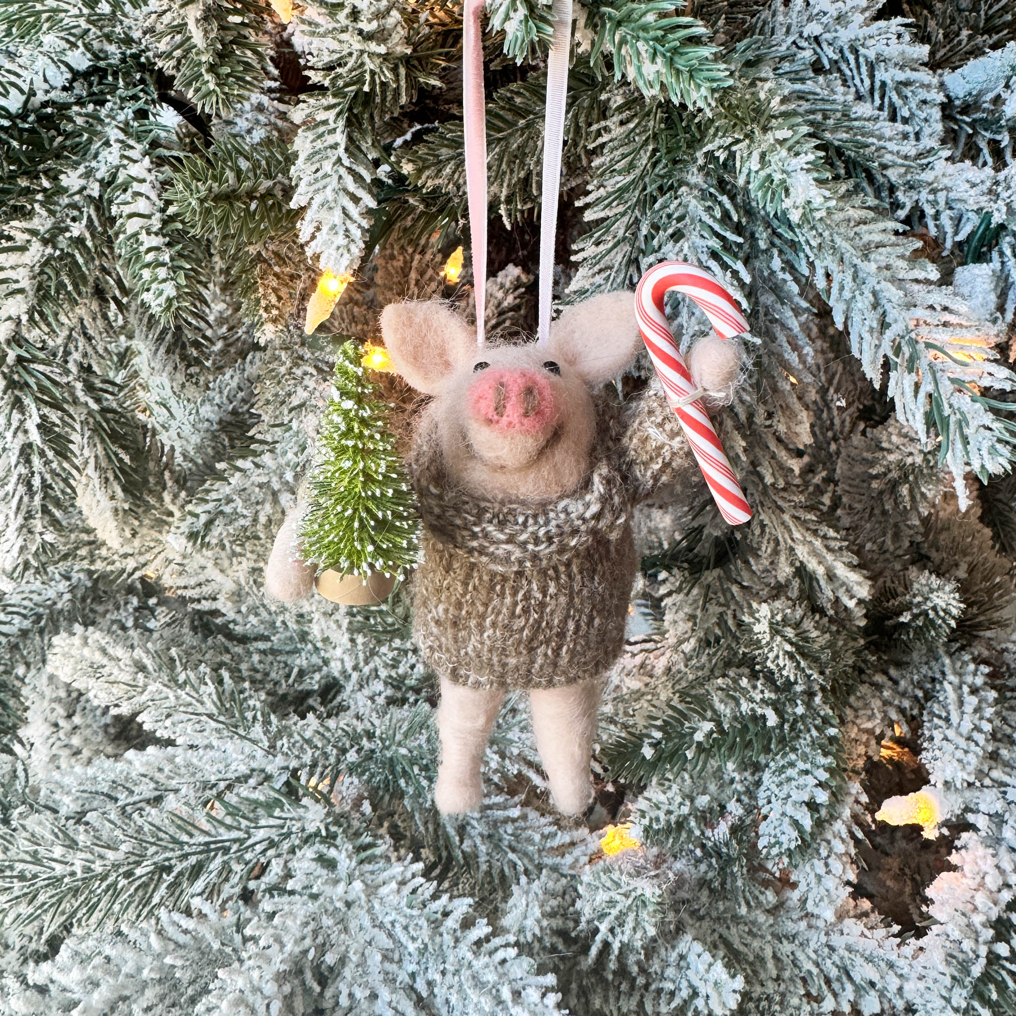 Candy Cane Pig Ornament