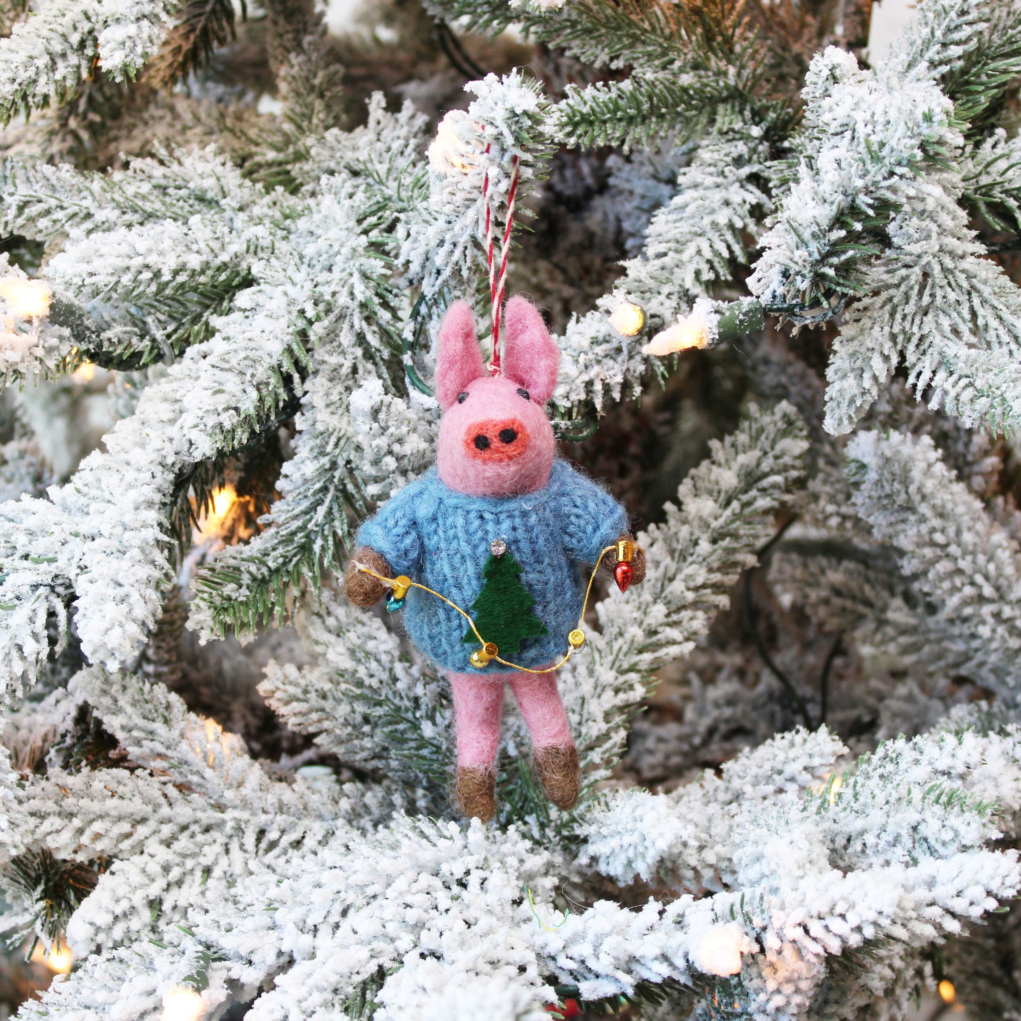 Christmas Tree Pig With String Lights Ornament