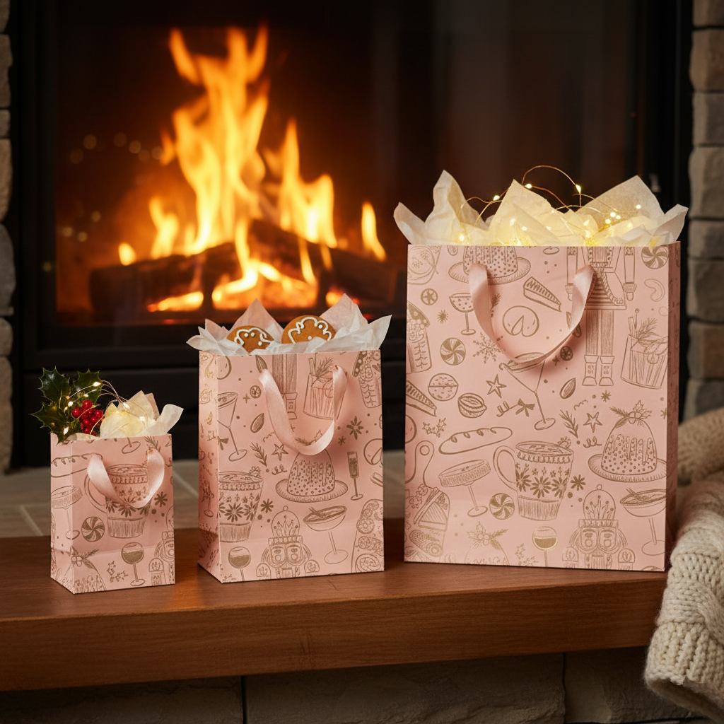 Pink & Gold Holiday Paper Gift Bag Set