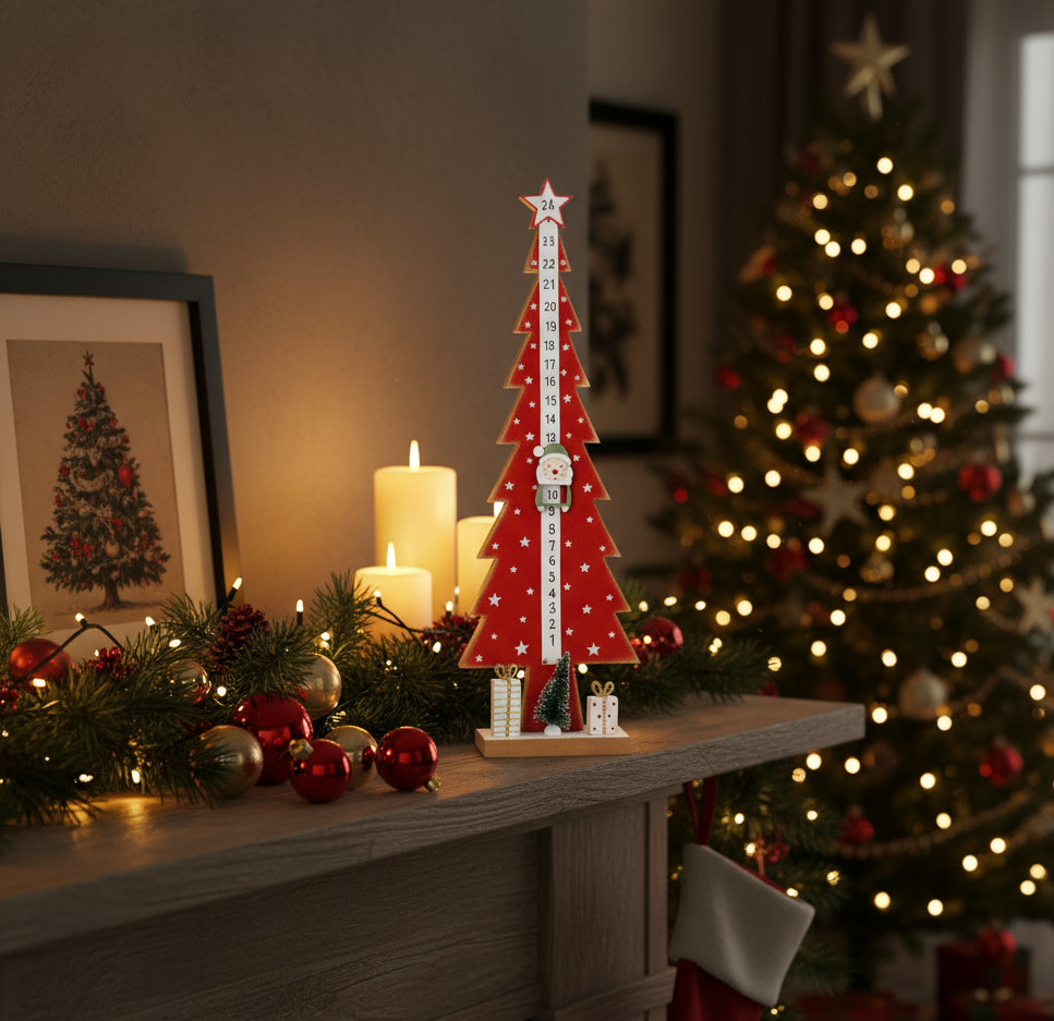 Wood Tree Advent Calendar With Moveable Santa