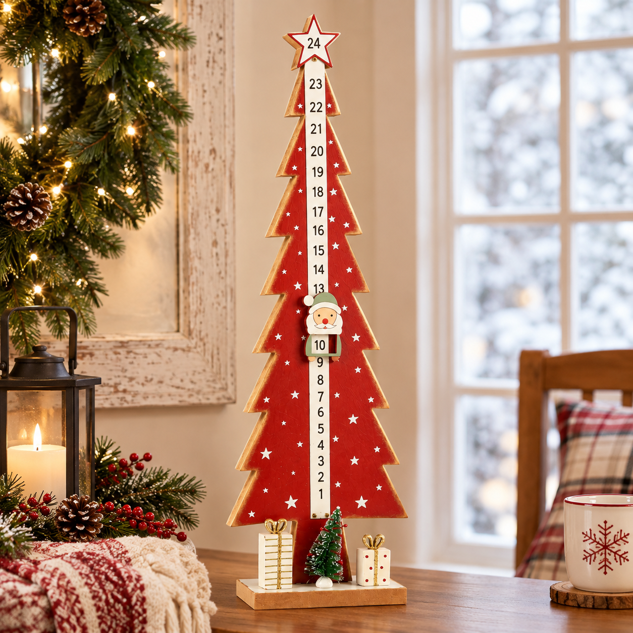 Wooden Christmas Countdown Advent Calendar with Moveable Santa